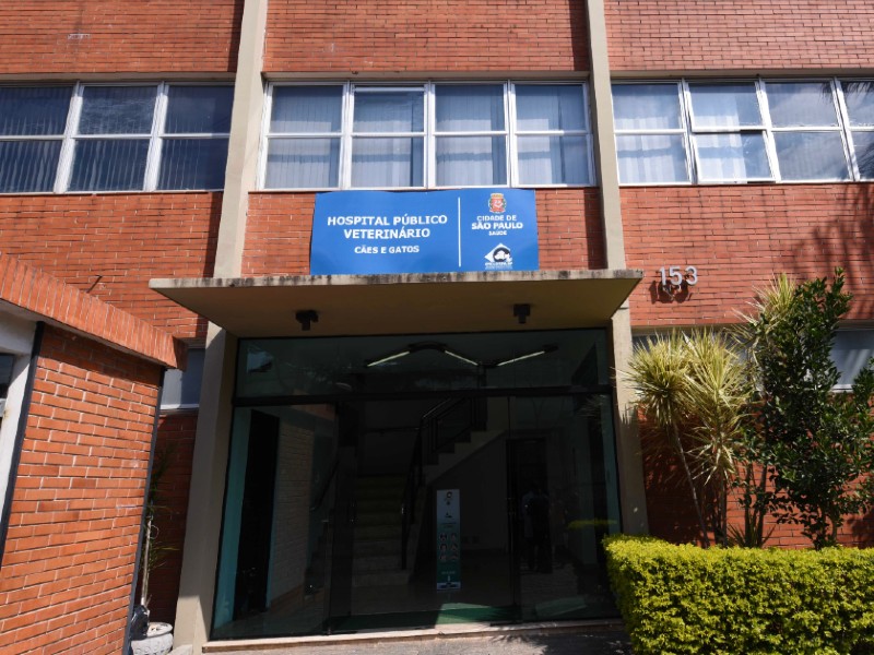 Foto da fachada do Hospital Veterinário da Zona Sul. O prédio é de tijolinhos. Tem uma porta grande de vidro com uma placa em cima onde está escrito Hospital Público Veterinário Cães e Gatos. Do lado direito da foto aparecem alguns arbustos